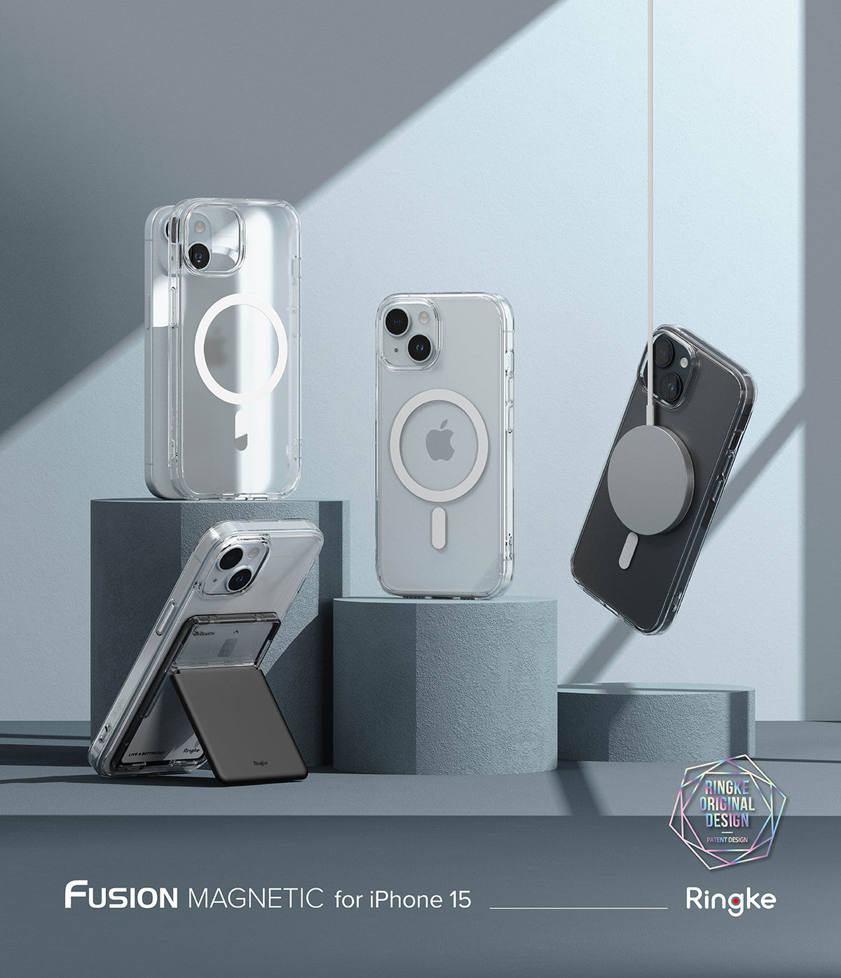 iPhone 15 Case | Fusion Magnetic Matte - Three iPhone 15 cases with magnetic features displayed on geometric pedestals.