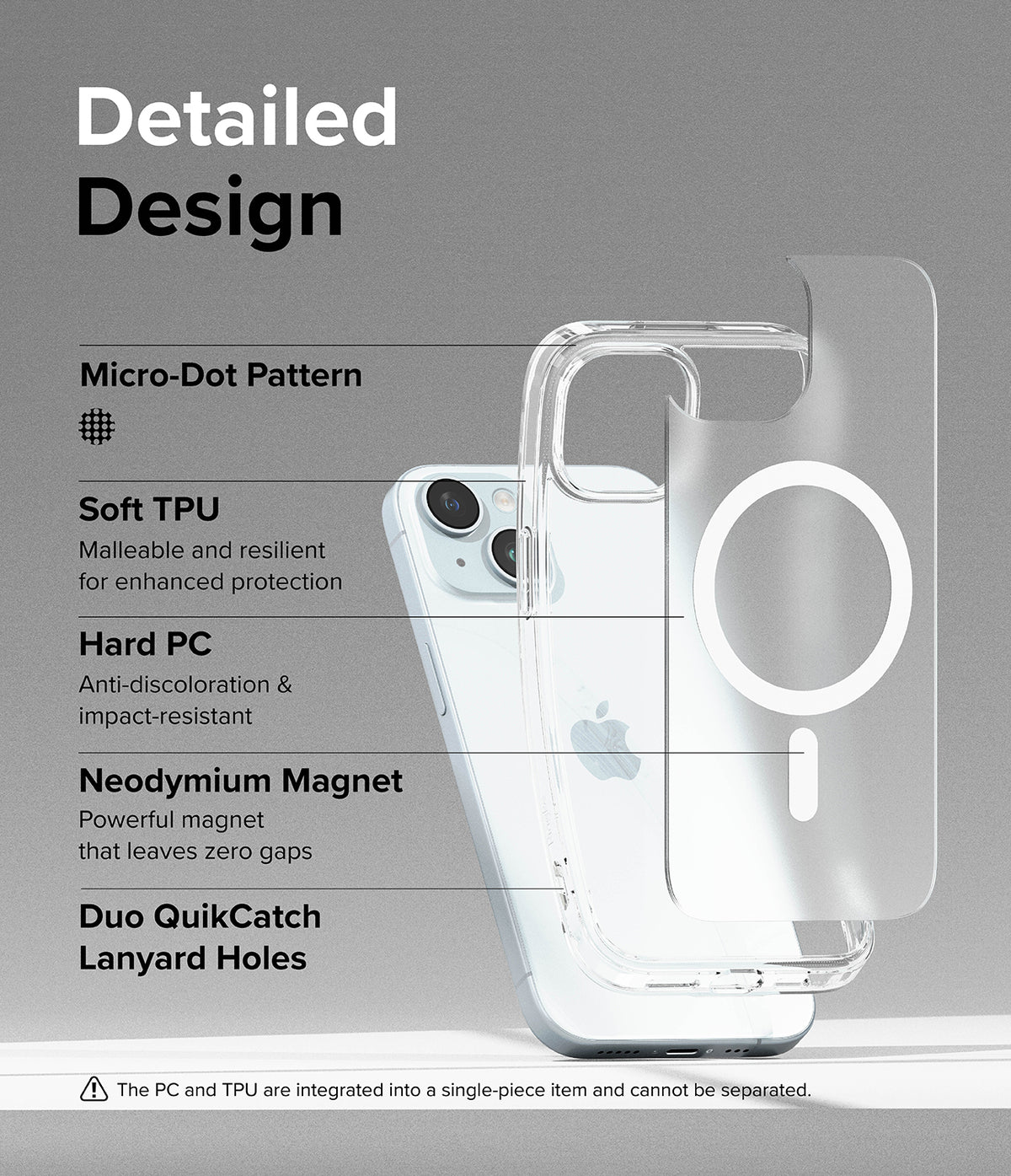 iPhone 15 Case | Fusion Magnetic Matte - Exploded view of a clear phone case highlighting magnetic and material features.