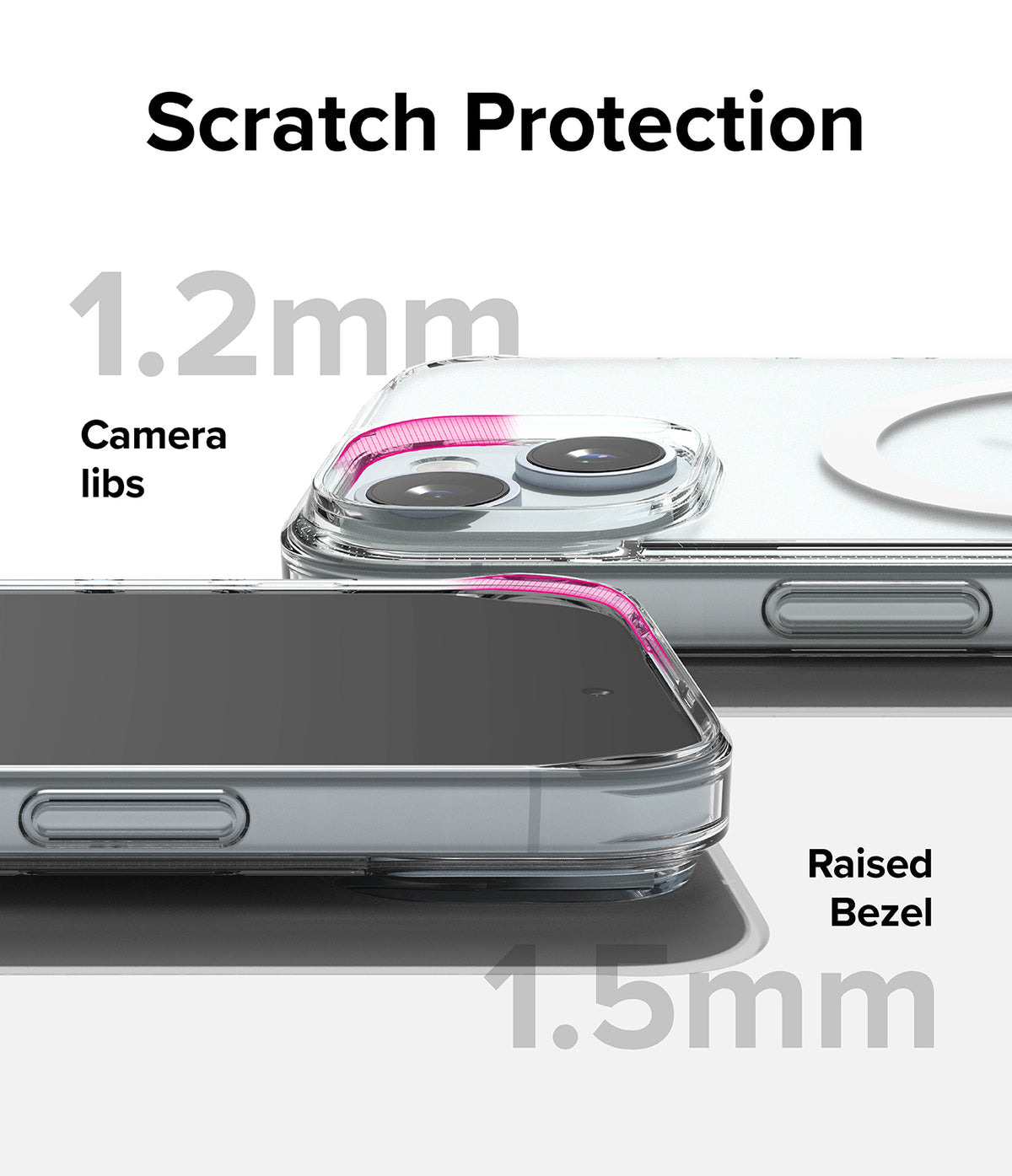 iPhone 15 Case | Fusion Magnetic Matte - Clear phone case showing 1.2mm camera lens and 1.5mm screen bezel protection.