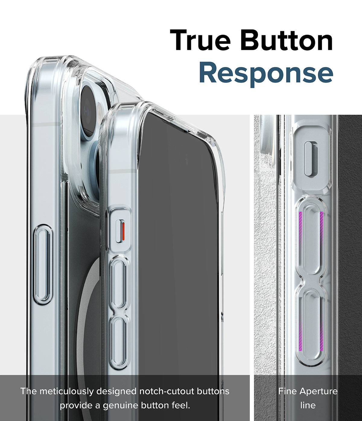 iPhone 15 Case | Fusion Magnetic Matte - Clear phone case showing precise button cutouts for tactile response.