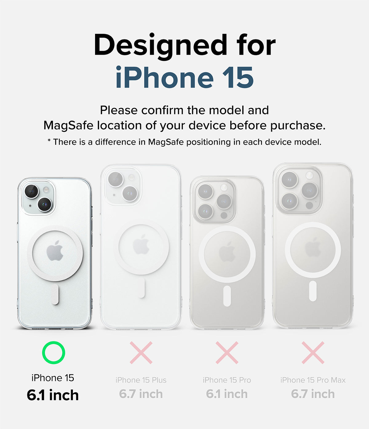 iPhone 15 Case | Fusion Magnetic Matte - Comparison chart showing MagSafe alignment for iPhone 15 models with checkmarks.