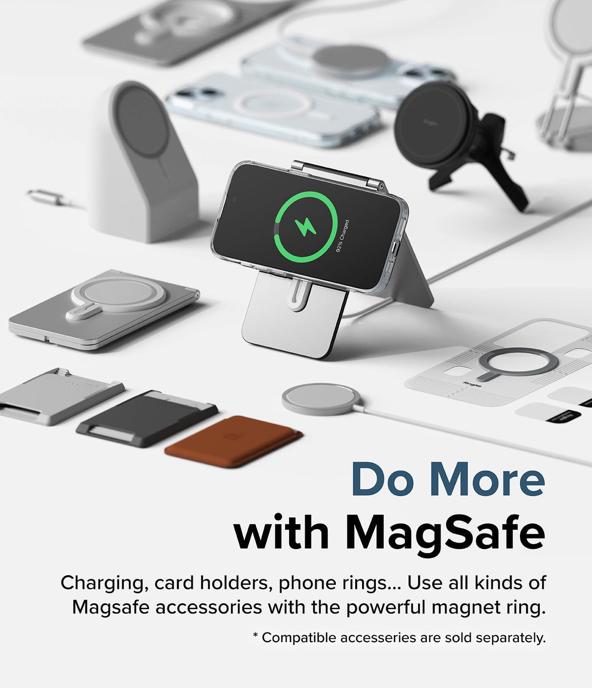 iPhone 15 Case | Fusion Magnetic Matte - iPhone 15 in a clear case charging on a stand surrounded by various MagSafe accessories.