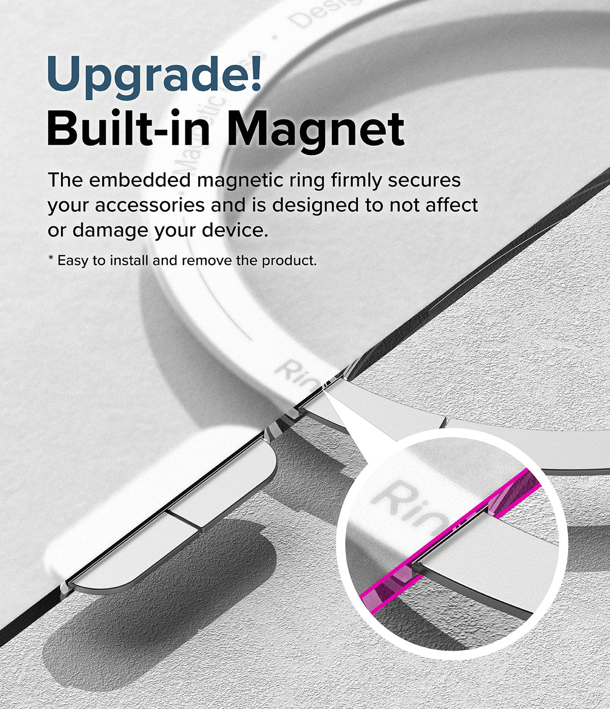 iPhone 15 Case | Fusion Magnetic Matte - Close-up of a phone case showing an embedded magnetic ring and a magnified detail view.