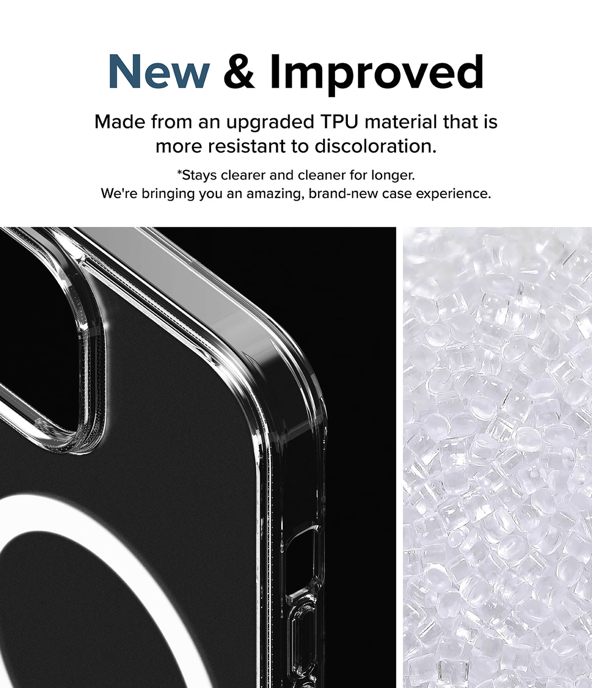 iPhone 15 Case | Fusion Magnetic Matte - Clear phone case corner next to a pile of raw, transparent TPU plastic pellets.
