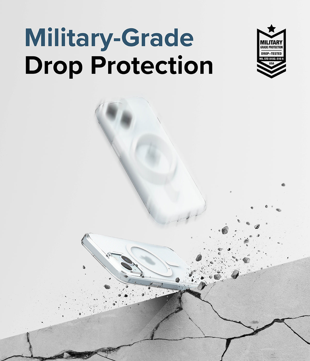 iPhone 15 Case | Fusion Magnetic Matte - A phone case bouncing off a cracked concrete surface with military-grade protection text.
