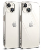 iPhone 15 Plus Case | Fusion - Two clear iPhone 15 Plus cases, one matte and one glossy, showing back camera and Apple logo.
