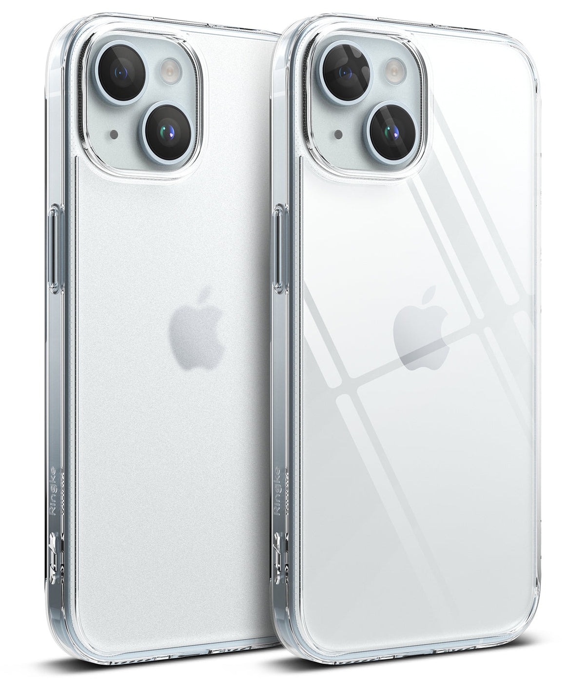iPhone 15 Case | Fusion - Two clear iPhone 15 cases with dual camera lenses, one matte and one glossy, showing the Apple logo.