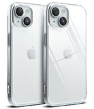 iPhone 15 Case | Fusion - Two clear iPhone 15 cases with dual camera lenses, one matte and one glossy, showing the Apple logo.