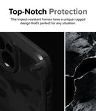 iPhone 15 Case | Fusion-X - Close-up of a rugged black phone case corner next to a textured rock surface.