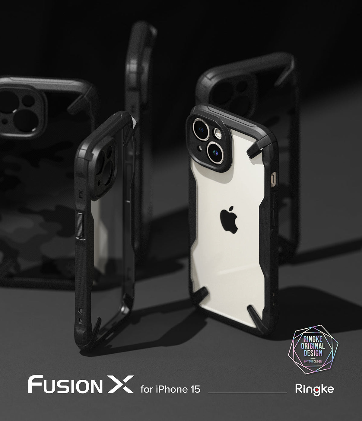 iPhone 15 Case | Fusion-X - Multiple black Fusion-X protective cases for iPhone 15 arranged on a dark gray surface.