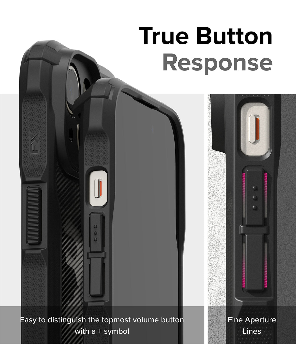 iPhone 15 Case | Fusion-X - Close-up of iPhone 15 case buttons with tactile volume markings and fine aperture lines.