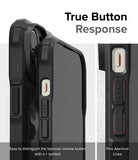 iPhone 15 Case | Fusion-X - Close-up of black phone case buttons with tactile markings and fine aperture lines for responsive feedback.