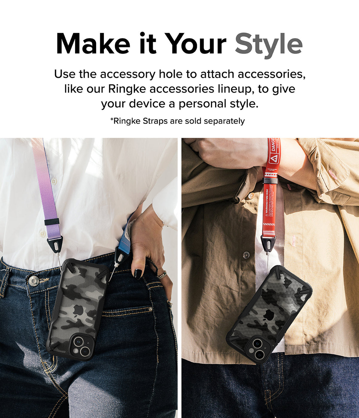 iPhone 15 Case | Fusion-X - Two people wearing camo iPhone cases with colorful lanyards attached to the built-in accessory hole.