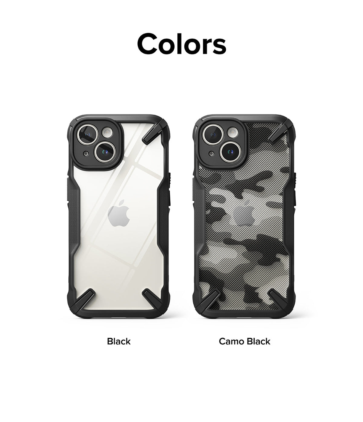 iPhone 15 Case | Fusion-X - Two iPhone 15 cases in clear and camo black designs with black reinforced corner bumpers.