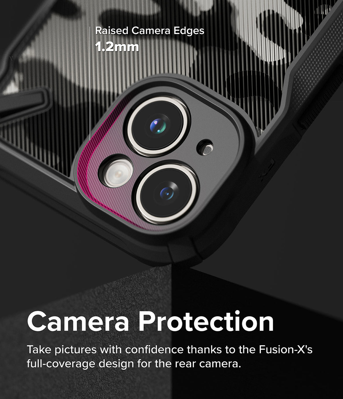 iPhone 15 Case | Fusion-X - Close-up of phone case highlighting 1.2mm raised edges around the camera lenses for protection.