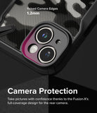iPhone 15 Case | Fusion-X - Close-up of phone camera with 1.2mm raised edges for protection on a camo-patterned case.