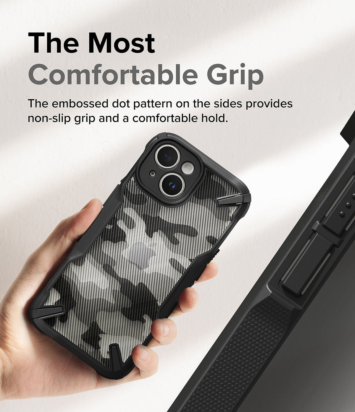 iPhone 15 Case | Fusion-X - Hand holding a camo-patterned phone case with textured side grips and a close-up of the dot pattern.