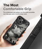 iPhone 15 Case | Fusion-X - Hand holding a camo-patterned phone case with textured side grips and a close-up of the dot pattern.