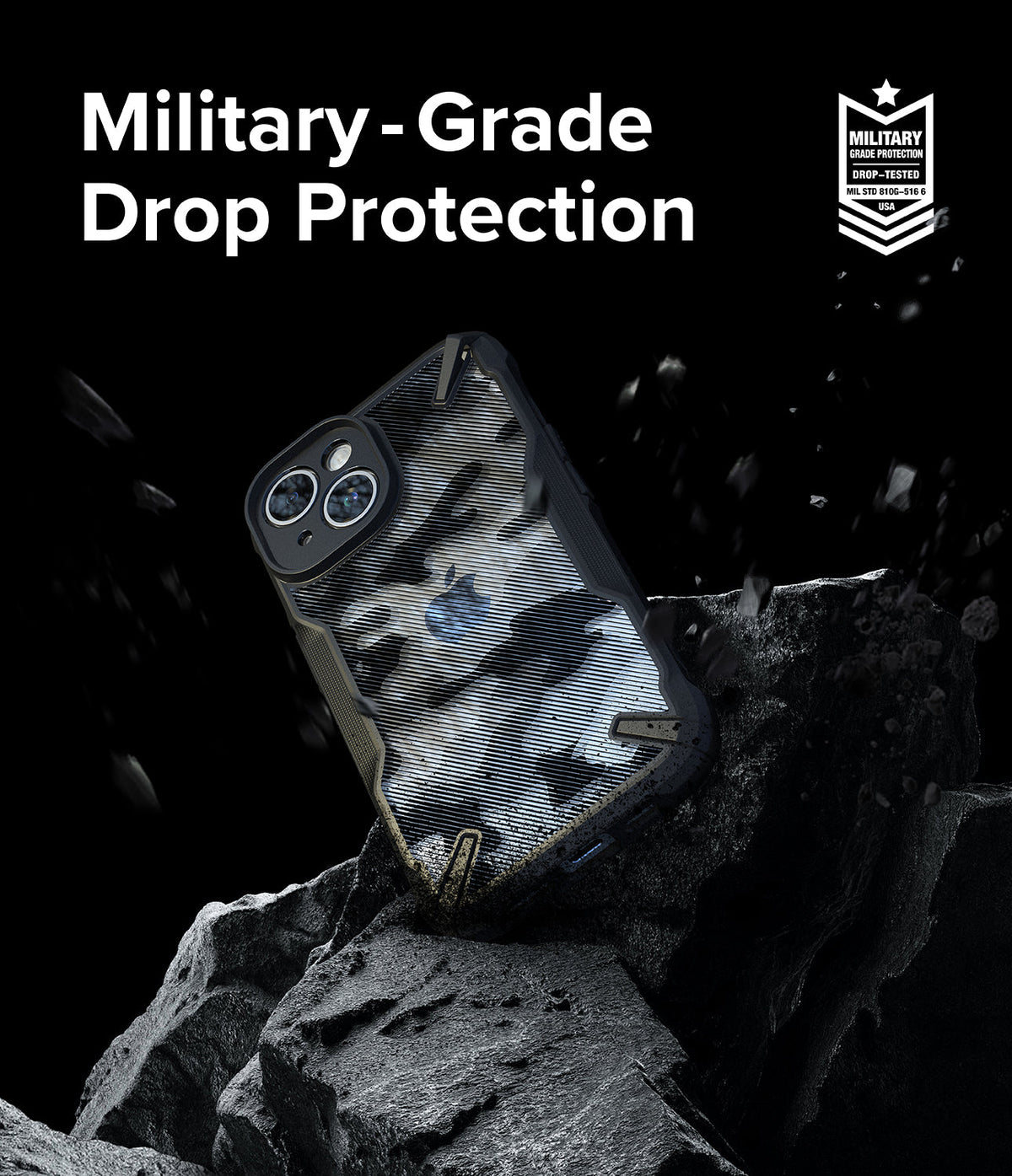 iPhone 15 Case | Fusion-X - Camouflage iPhone 15 case on a rocky surface with military-grade drop protection text and badge.