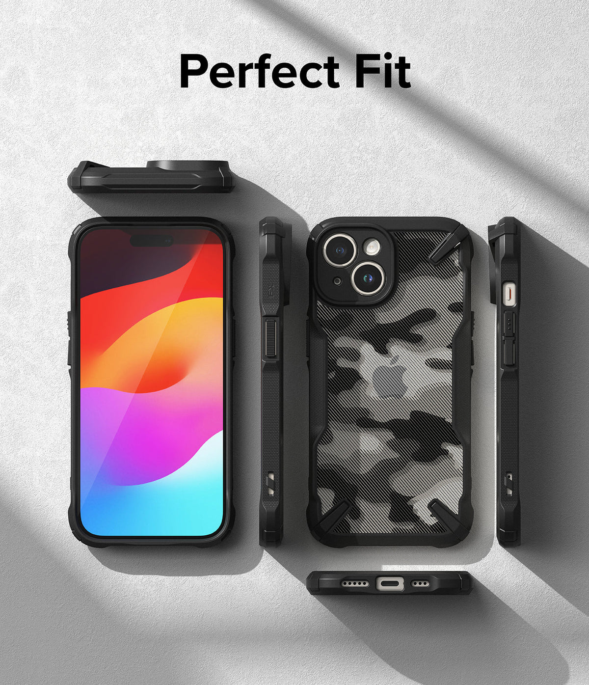 iPhone 15 Case | Fusion-X - Exploded view of a black camo phone case showing front, back, and side profiles on a gray background.