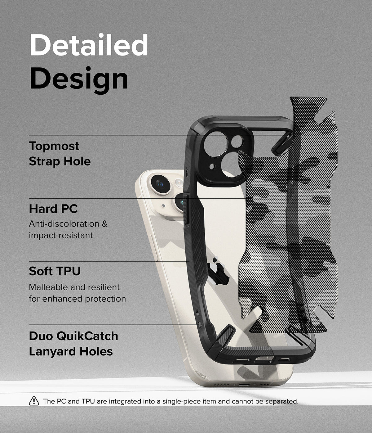 iPhone 15 Case | Fusion-X - Exploded view of a phone case showing PC and TPU layers with labels for design features.