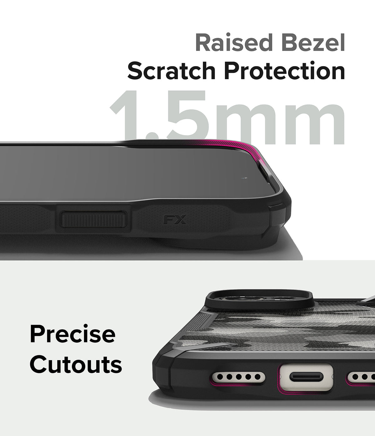 iPhone 15 Case | Fusion-X - Close-up of 1.5mm raised screen bezel and precise port cutouts on a black protective phone case.