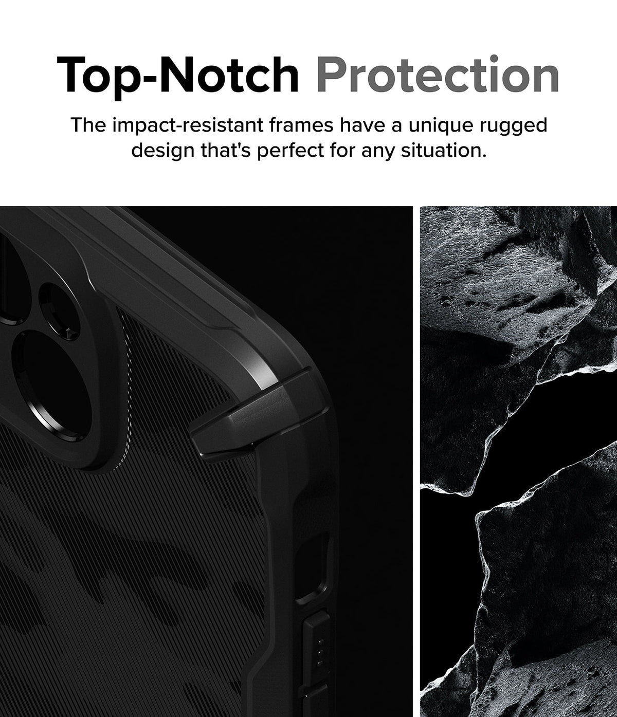iPhone 15 Case | Fusion-X - Rugged black phone case corner detail next to textured rock imagery.