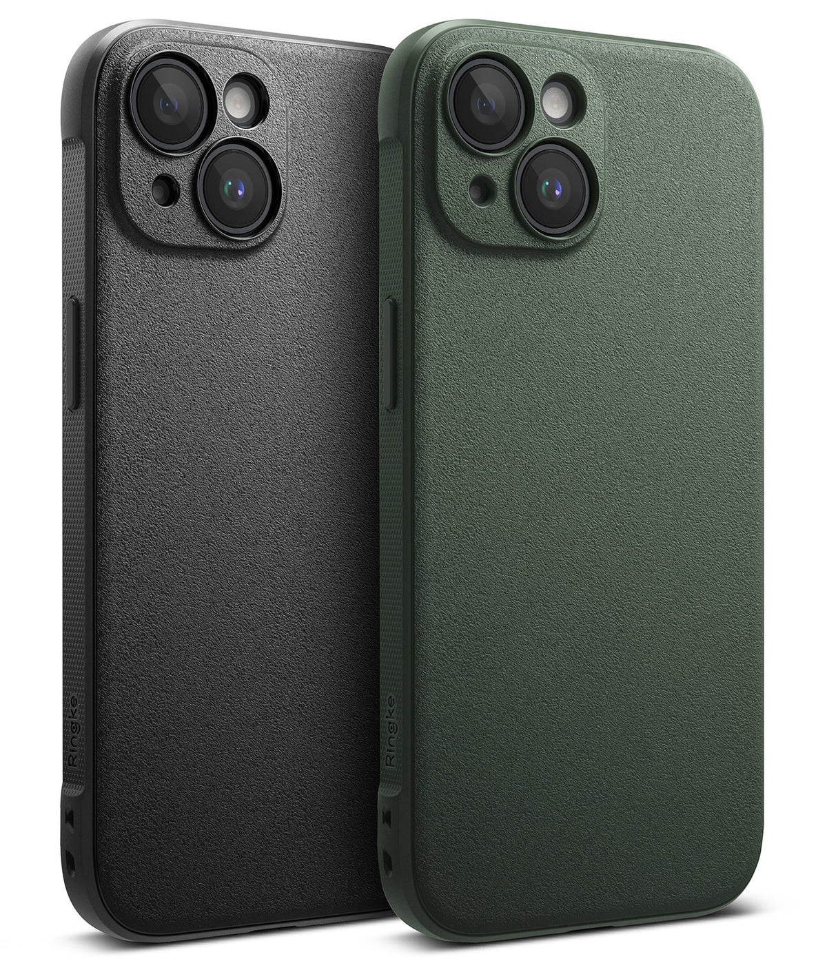 iPhone 15 Case | Onyx - Two textured iPhone 15 cases in black and dark green, featuring dual camera cutouts and Ringke branding.