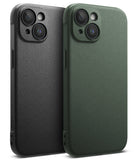 iPhone 15 Case | Onyx - Two textured iPhone 15 cases in black and dark green, featuring dual camera cutouts and Ringke branding.