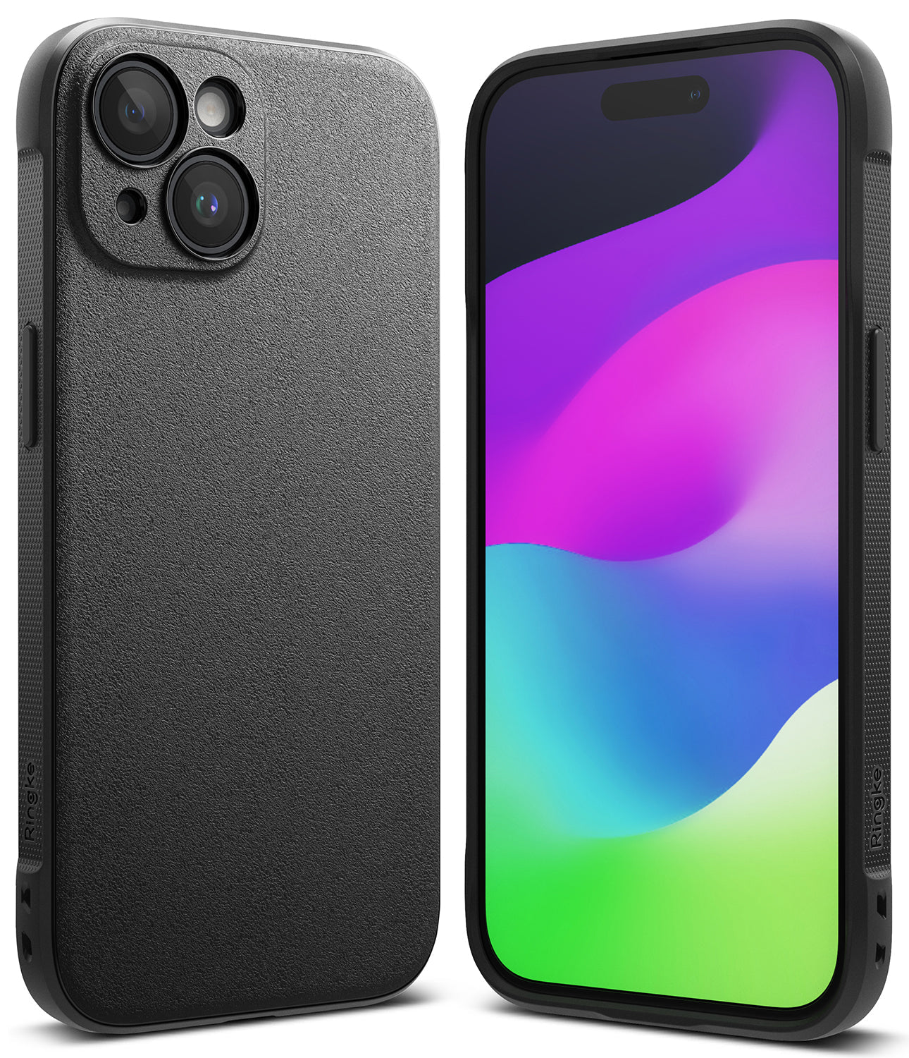 iPhone 15 Case | Onyx - Matte black textured phone case shown from back and front with a colorful abstract screen display.