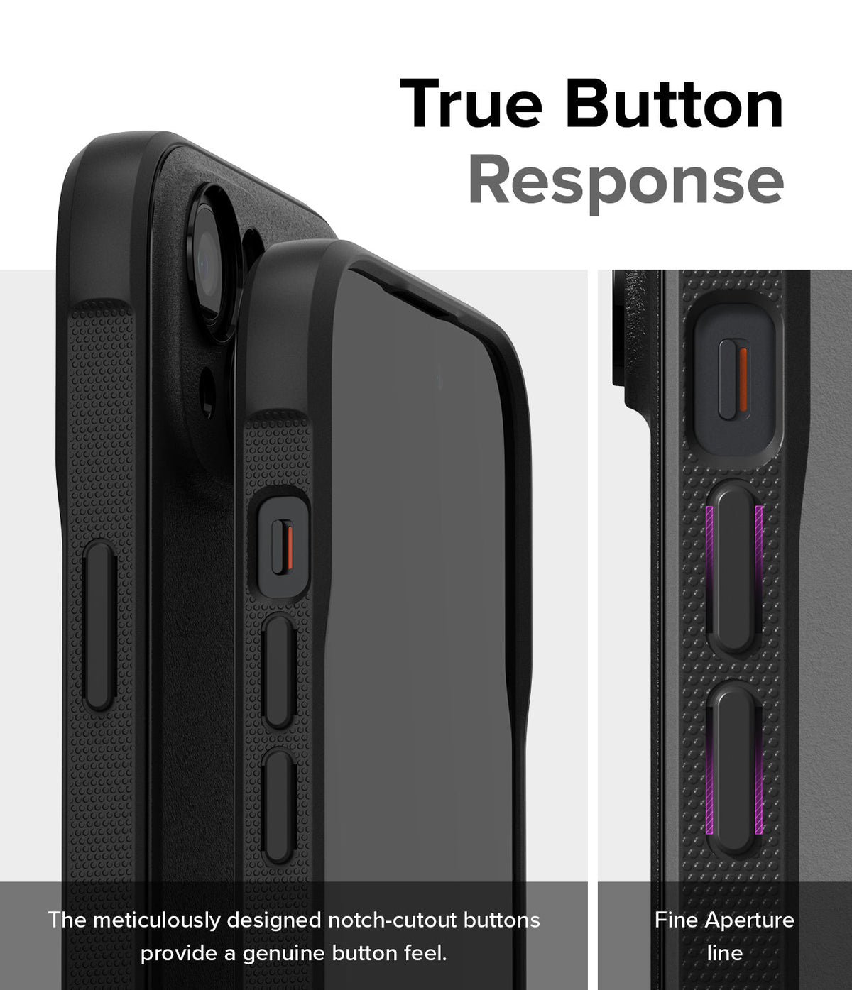 iPhone 15 Case | Onyx - Close-up of black phone case buttons with textured sides and precise cutouts for tactile response.
