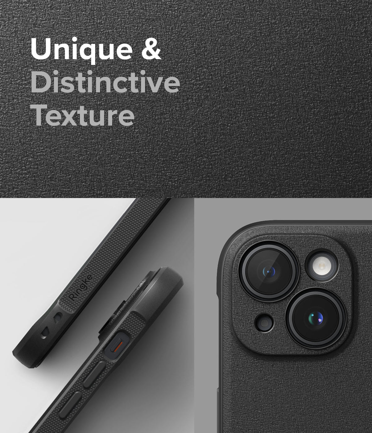 iPhone 15 Case | Onyx - Black phone case with textured surface, showing side buttons and camera lens cutout details.