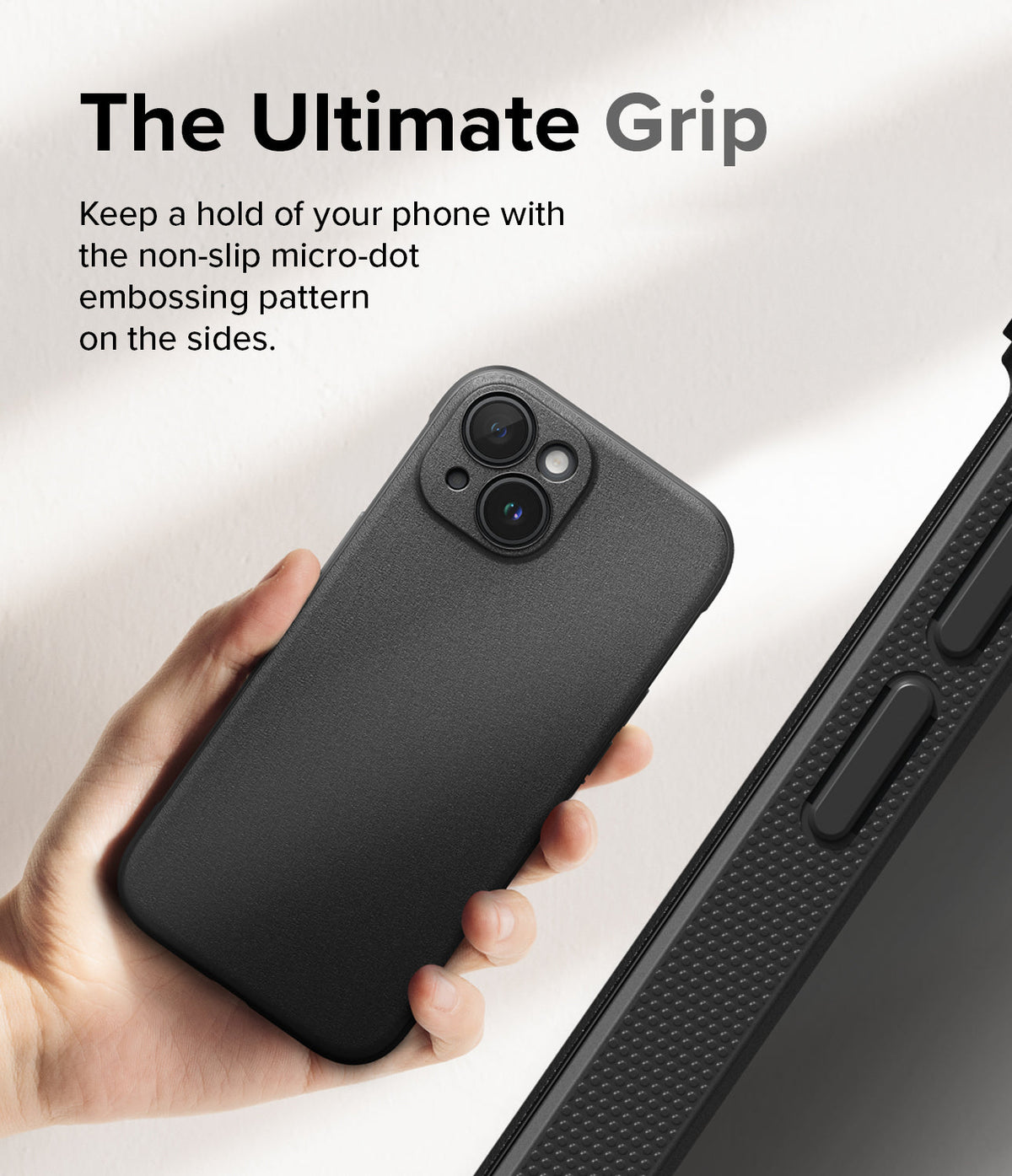 iPhone 15 Case | Onyx - Hand holding a black phone case with a textured micro-dot side grip and camera cutout.