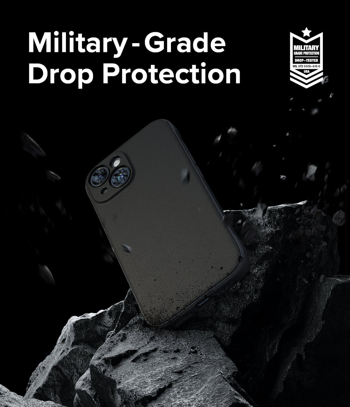 iPhone 15 Case | Onyx - Black phone case floating above jagged rocks with military-grade drop protection text and badge.