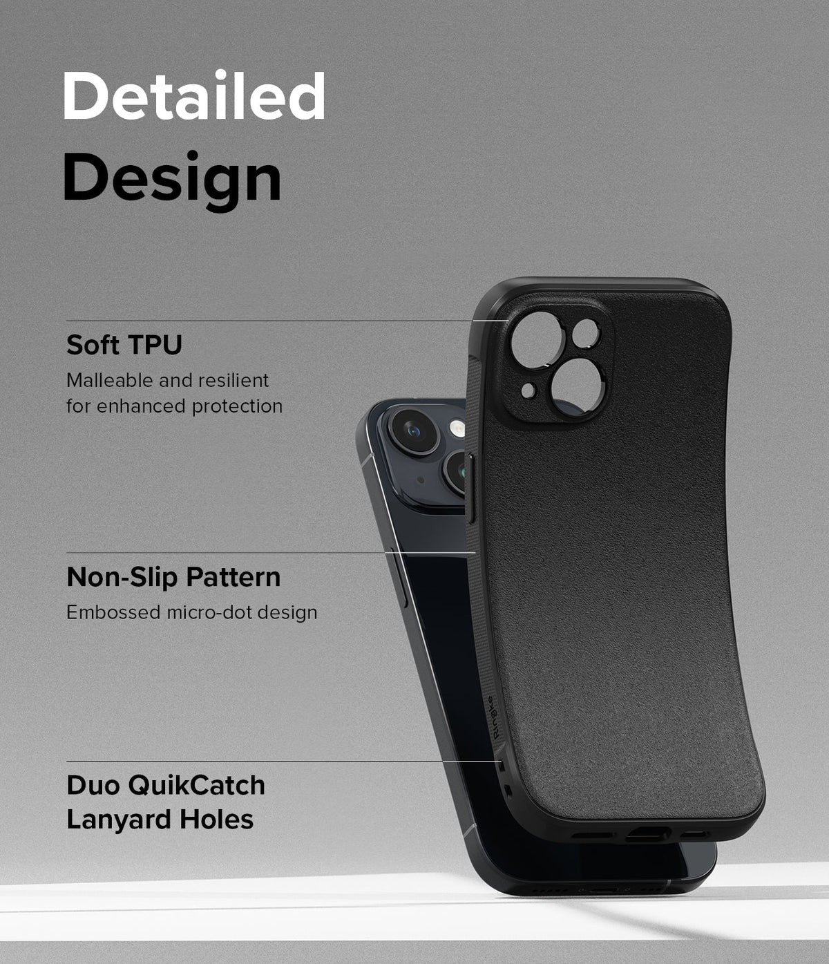 iPhone 15 Case | Onyx - Black flexible TPU phone case showing texture, non-slip pattern, and lanyard holes with labels.