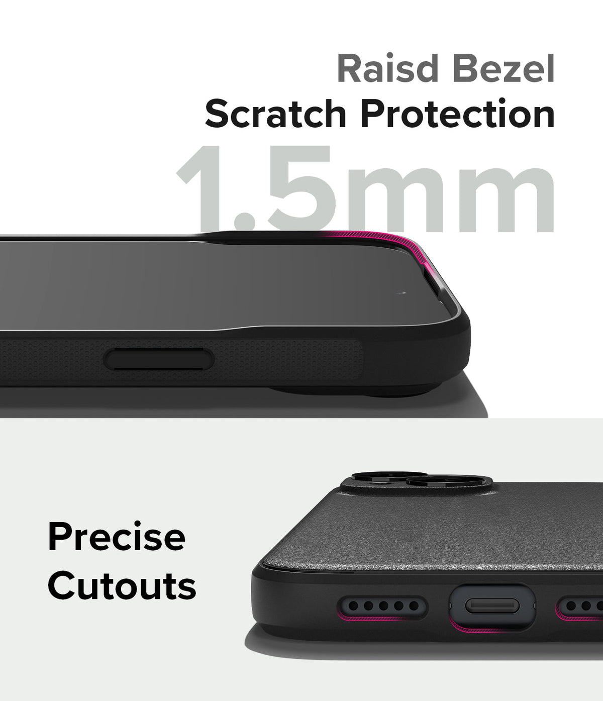 iPhone 15 Case | Onyx - Close-up of a black phone case showing a 1.5mm raised bezel and precise port cutouts.