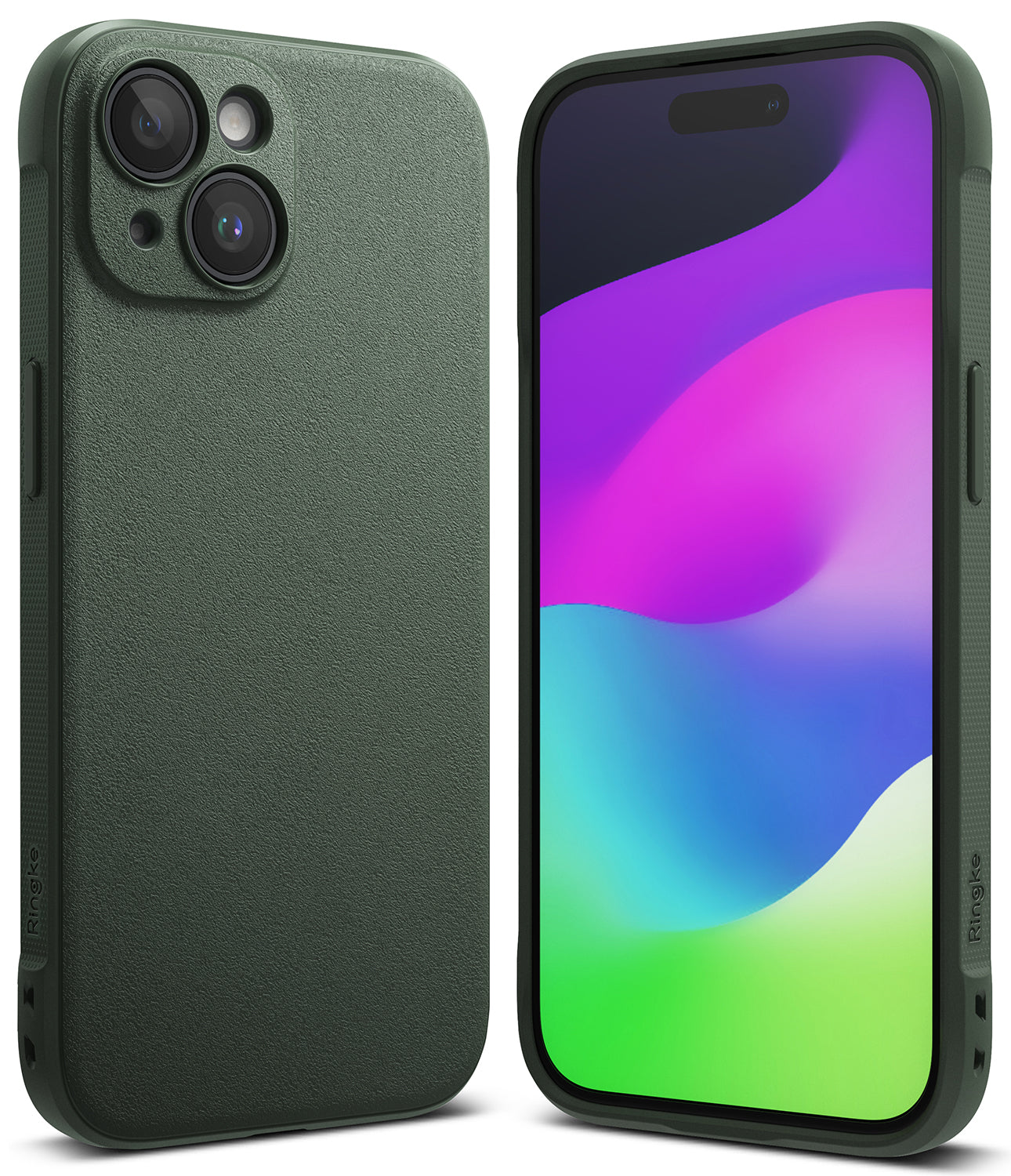 iPhone 15 Case | Onyx - Matte dark green phone case shown from back and front with a colorful abstract screen wallpaper.