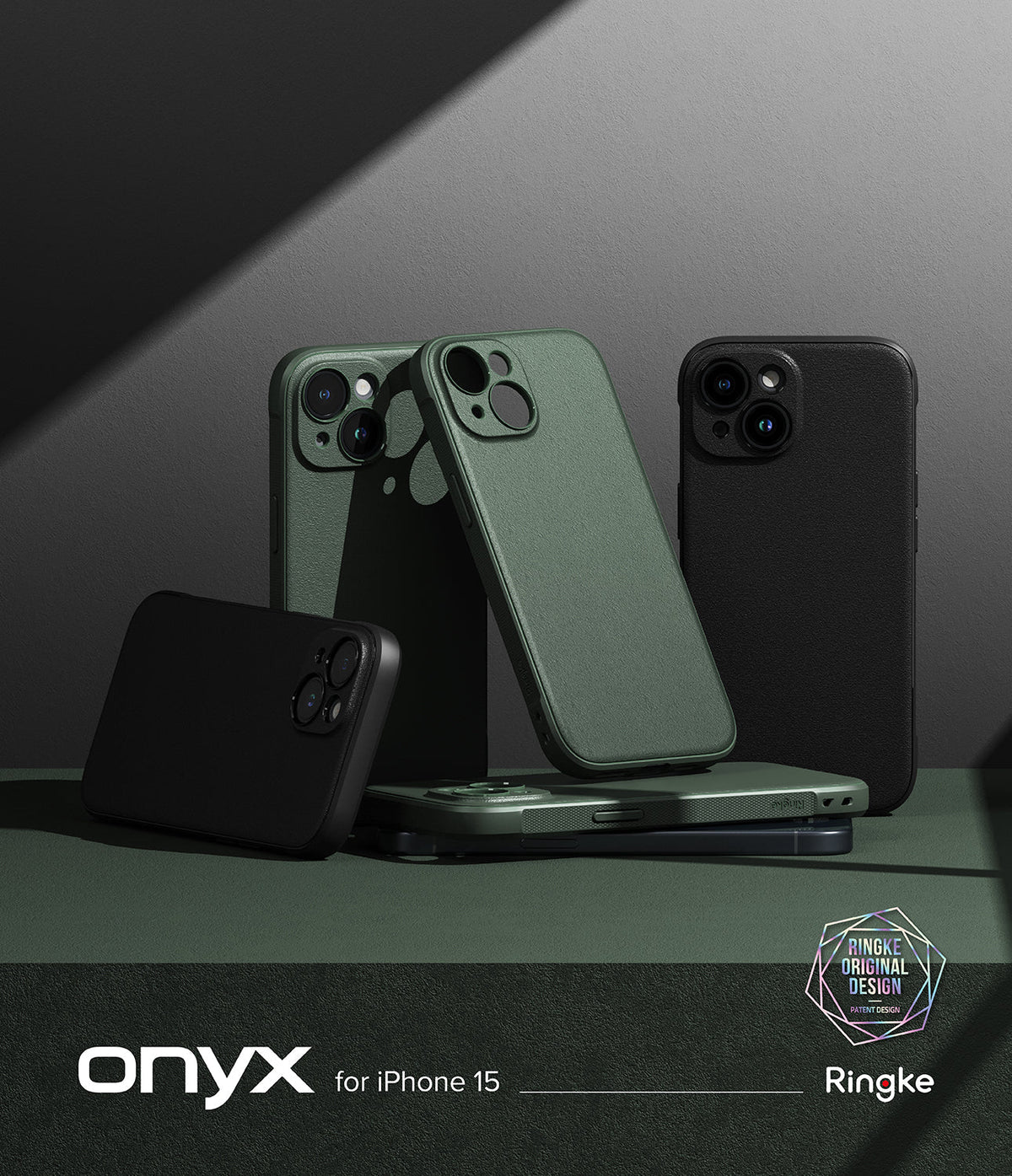 iPhone 15 Case | Onyx - Multiple matte green and black iPhone 15 cases arranged on a dark surface with dramatic lighting.