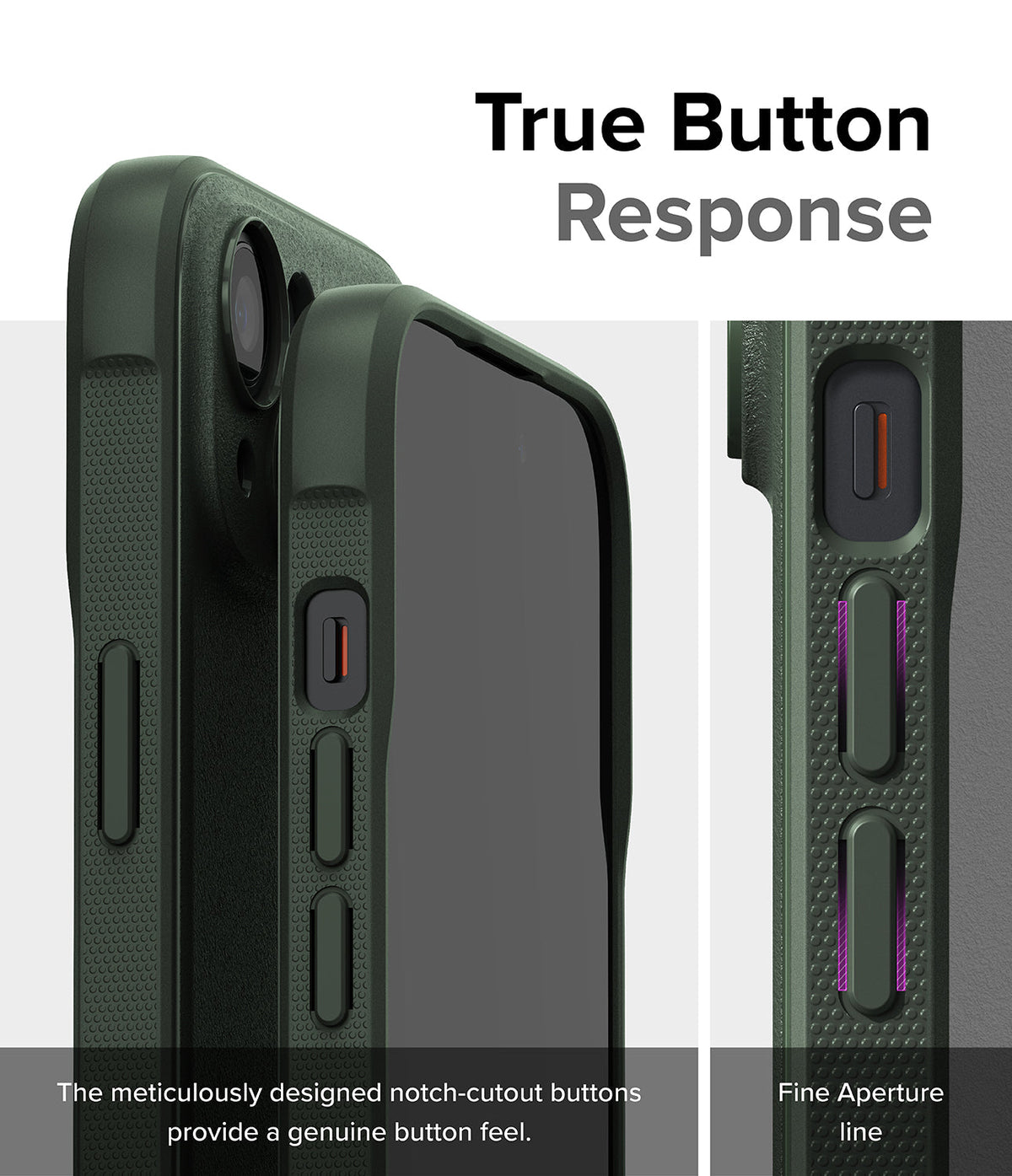 iPhone 15 Case | Onyx - Close-up of dark green phone case buttons with textured sides and precise cutouts for tactile response.