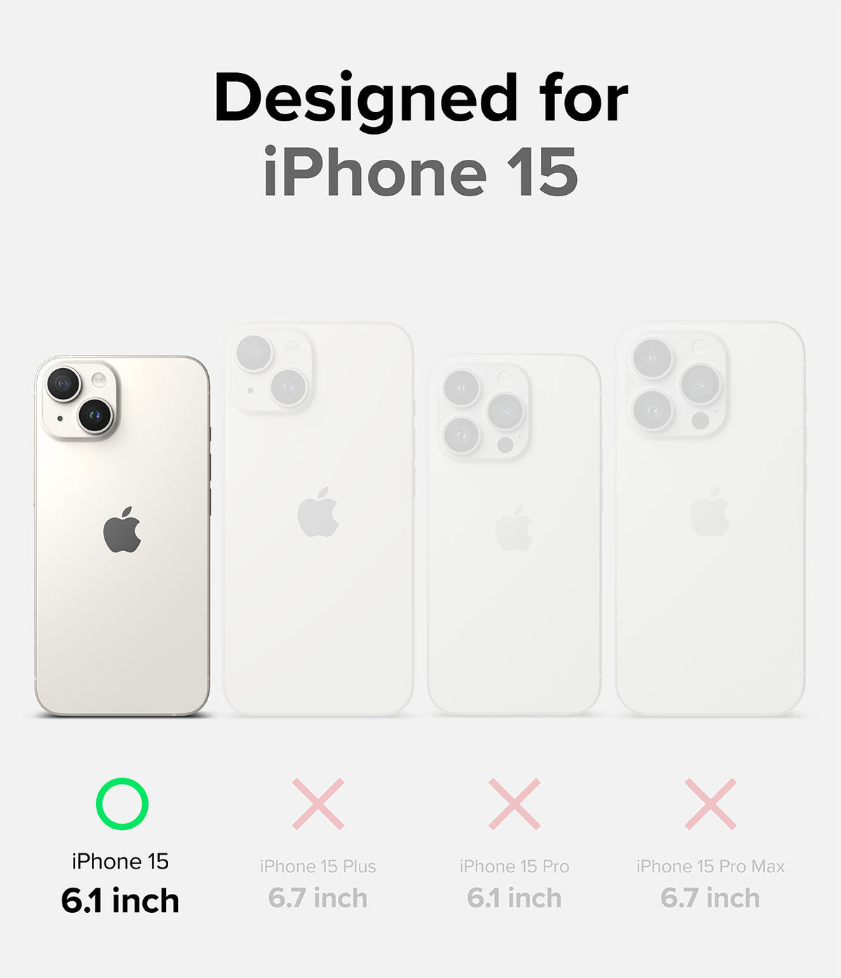 iPhone 15 Case | Onyx - Comparison chart showing iPhone 15 compatibility with a green checkmark versus other models.