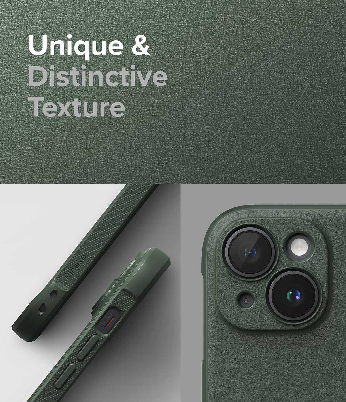 iPhone 15 Case | Onyx - Dark green phone case with textured surface, side buttons, and camera lens cutouts.