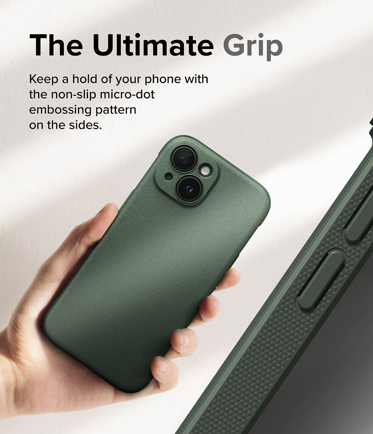 iPhone 15 Case | Onyx - Hand holding a green phone case with a textured micro-dot side grip pattern.