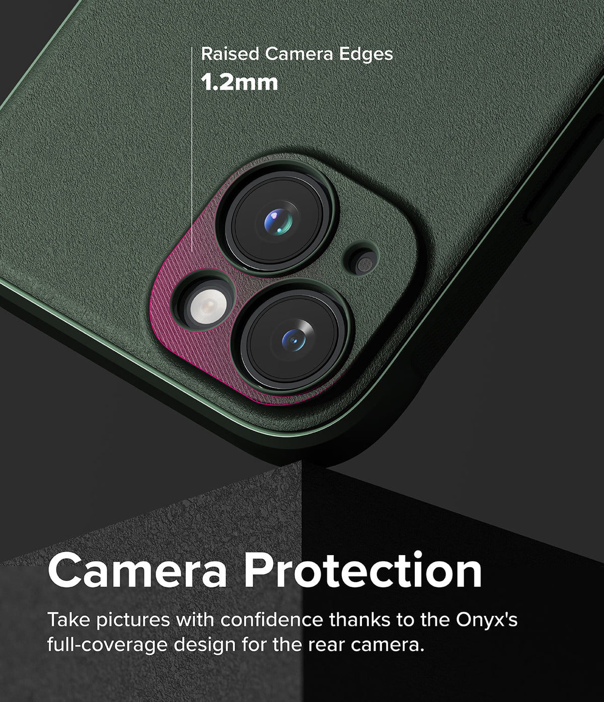 iPhone 15 Case | Onyx - Dark green phone case highlighting 1.2mm raised camera edges for lens protection.
