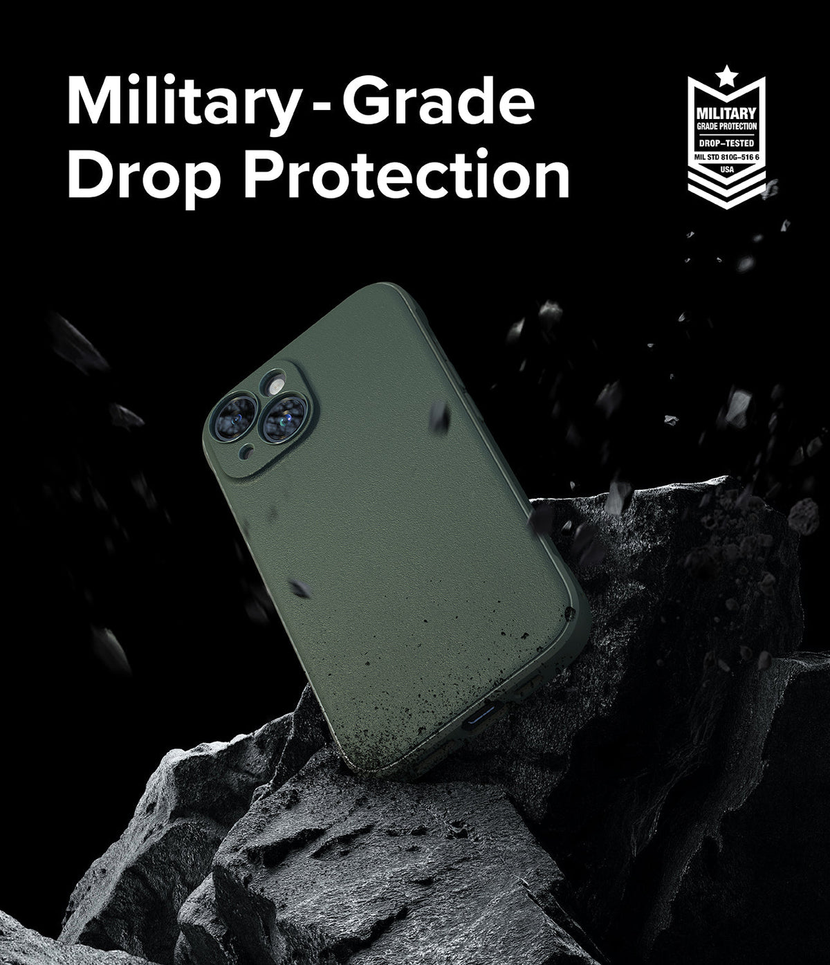 iPhone 15 Case | Onyx - Dark green phone case floating above jagged black rocks with military-grade protection badge.