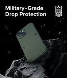 iPhone 15 Case | Onyx - Dark green phone case floating above jagged black rocks with military-grade protection badge.