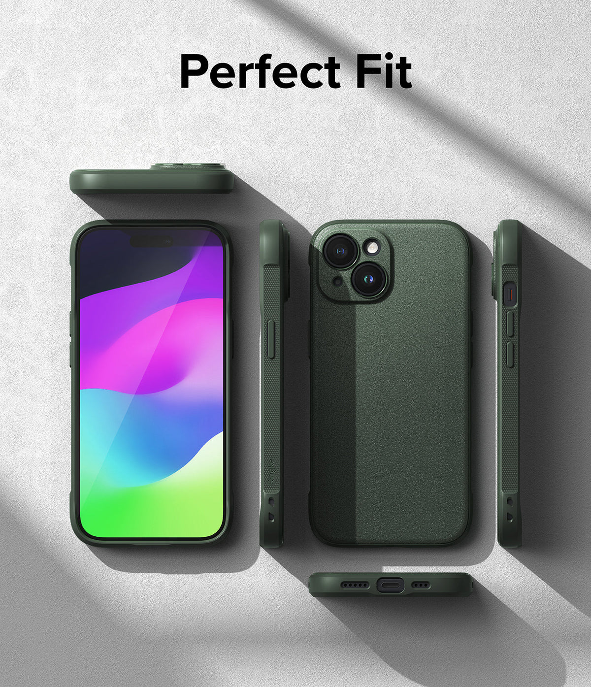 iPhone 15 Case | Onyx - Multiple views of a dark green iPhone 15 case on a textured gray background with the text Perfect Fit.