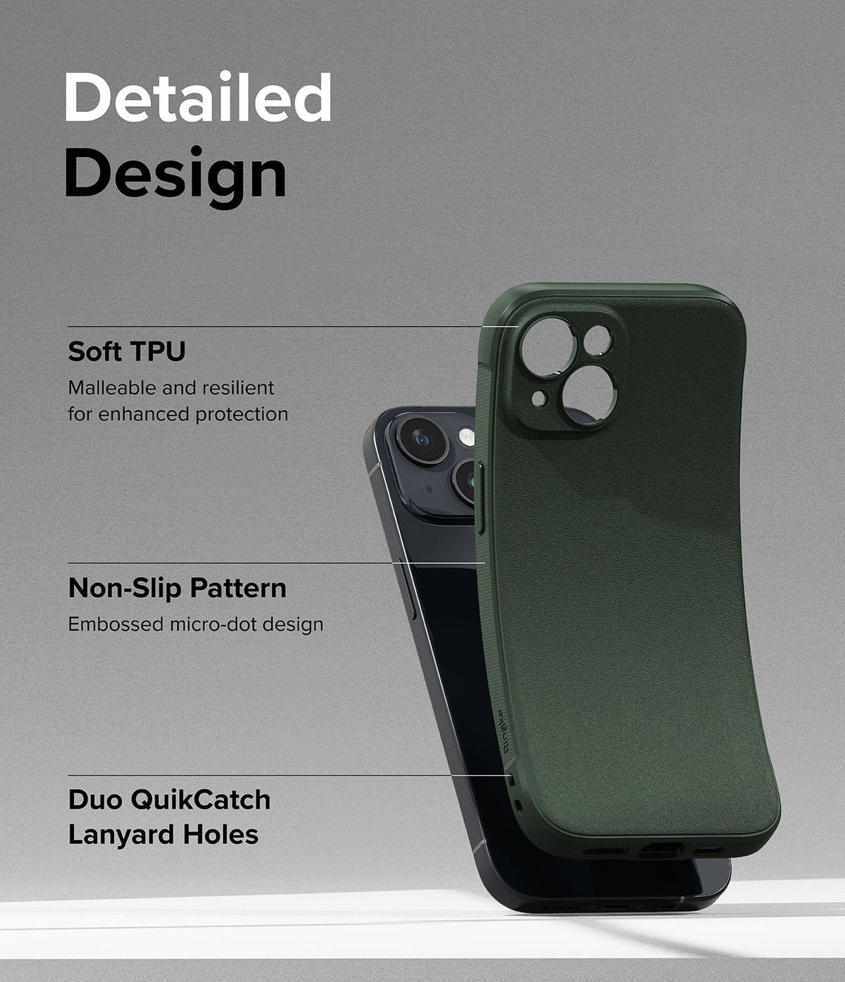iPhone 15 Case | Onyx - Dark green phone case showing TPU material, non-slip texture, and lanyard holes with labels.