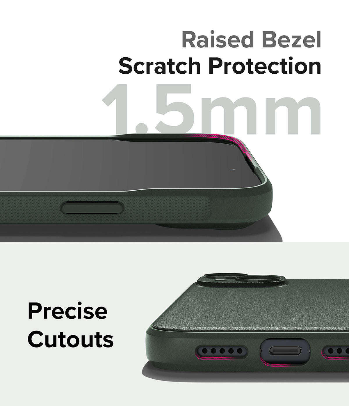 iPhone 15 Case | Onyx - Close-up of a dark green phone case showing a 1.5mm raised bezel and precise port cutouts.