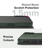 iPhone 15 Case | Onyx - Close-up of a dark green phone case showing a 1.5mm raised bezel and precise port cutouts.