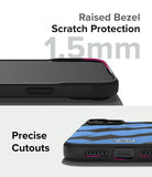 iPhone 15 Case | Onyx Design - Close-up showing 1.5mm raised screen bezel and precise port cutouts on a blue patterned case.
